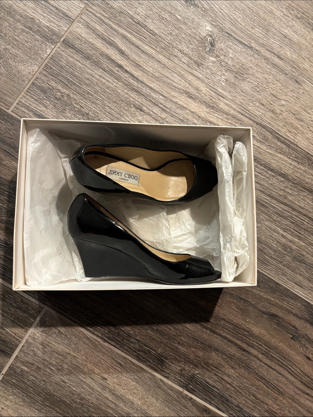 Jimmy Choo Black Patent Wedge Pumps with Peep Toe